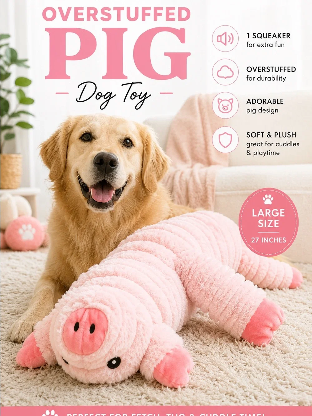 Plush Overstuffed Pink Pig Dog Toy with Squeaker - Large